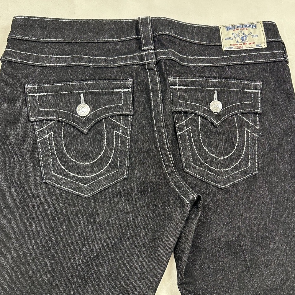 True Religion Skinny Jeans Womens 32 Dark Wash White Contrast Stitch Horseshoe